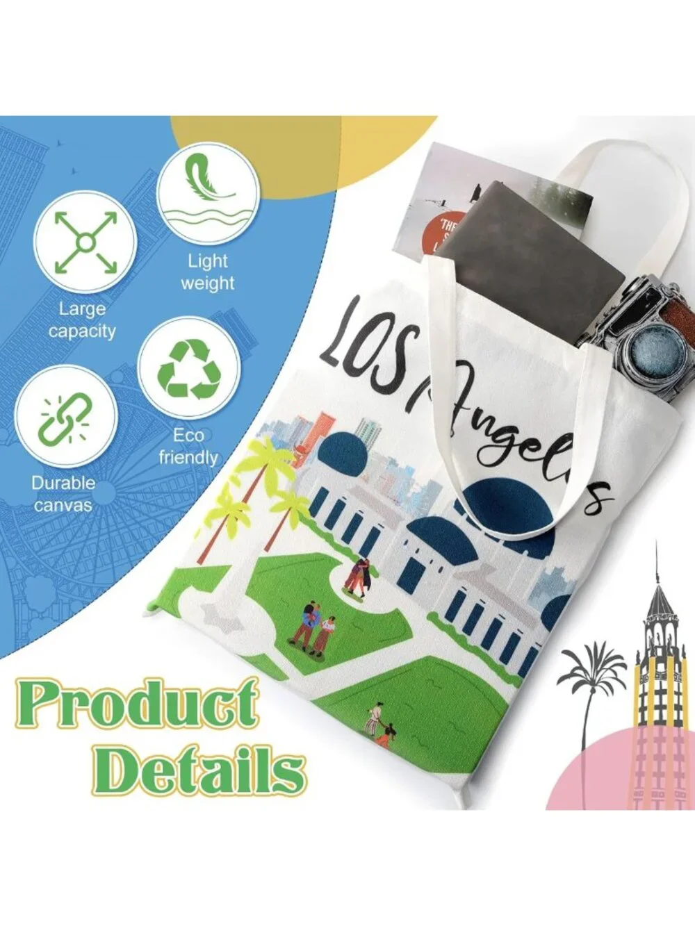 6-Piece Watercolor Los Angeles Canvas Tote Bags | Souvenir Gift for Women